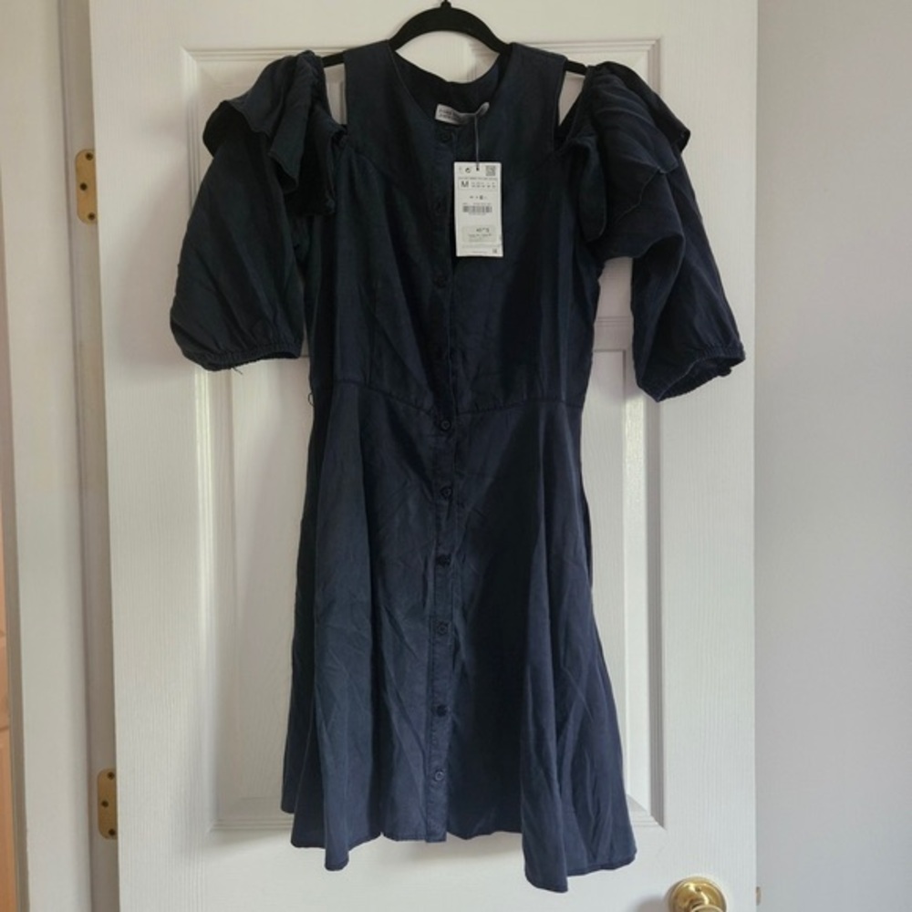 Navy Puff-Sleeve Button-Front Dress - Women's